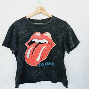 The Rolling Stones Acid Wash Distressed Black Crop Top T shirt Cropped L Womans